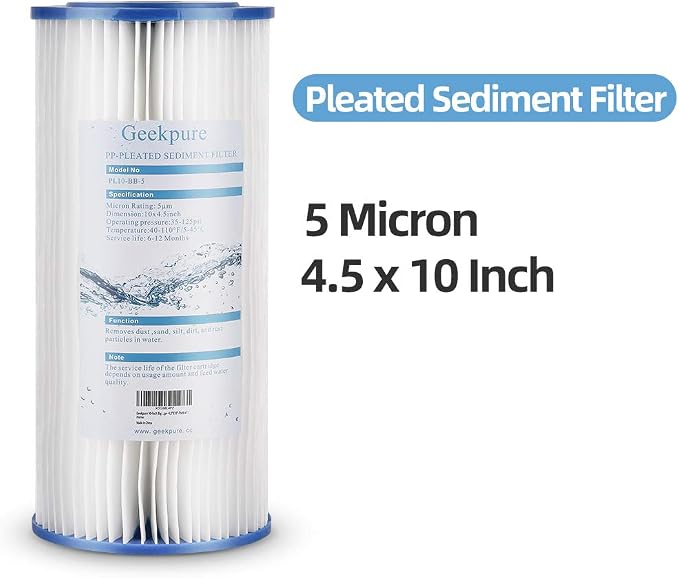 Geekpure 10-Inch Whole House Pleated PP Sediment Replacement Filter-4.5" x 10"-5 Micron-Pack of 4