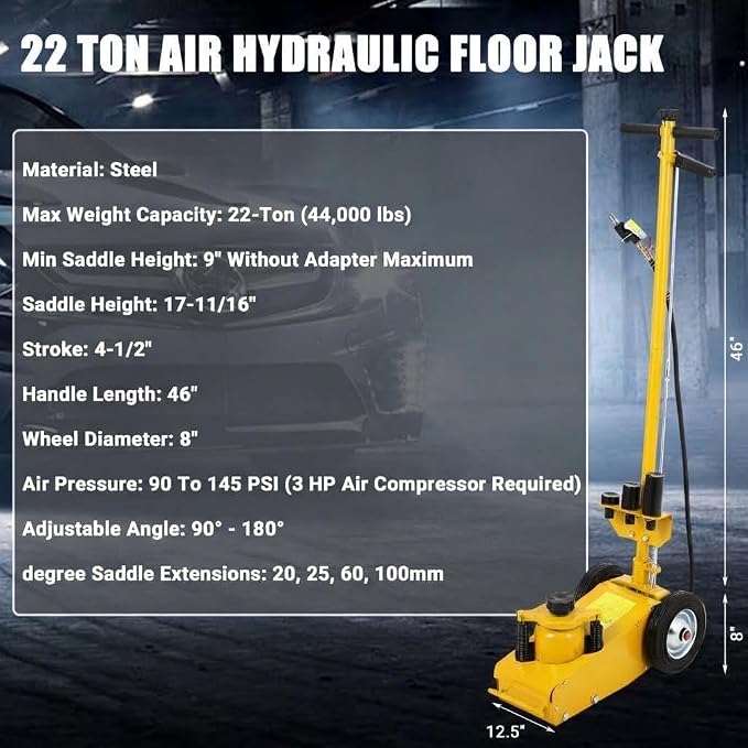 Air Hydraulic Floor Jack, 22-Ton(44,000 LBS) Low Profile 9 Inch Heavy Duty Jack for Trucks & Tractors, Dual Power Air/Manual Hydraulic with 4 Adapters, Adjustable 46" Handle & Rubber Wheels