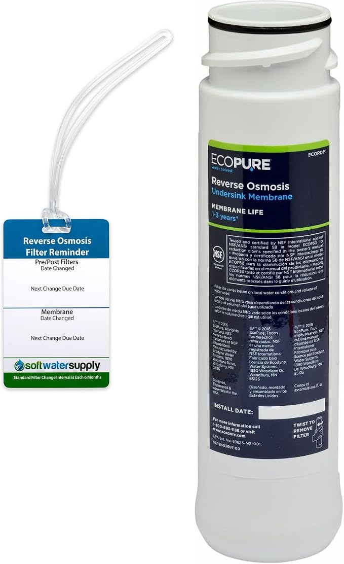 EcoPure Reverse Osmosis Membrane - ECOROM - Includes Filter Change Reminder Tag - NSF Certified Authentic OEM Membrane Filter for ECOP30 RO Unit