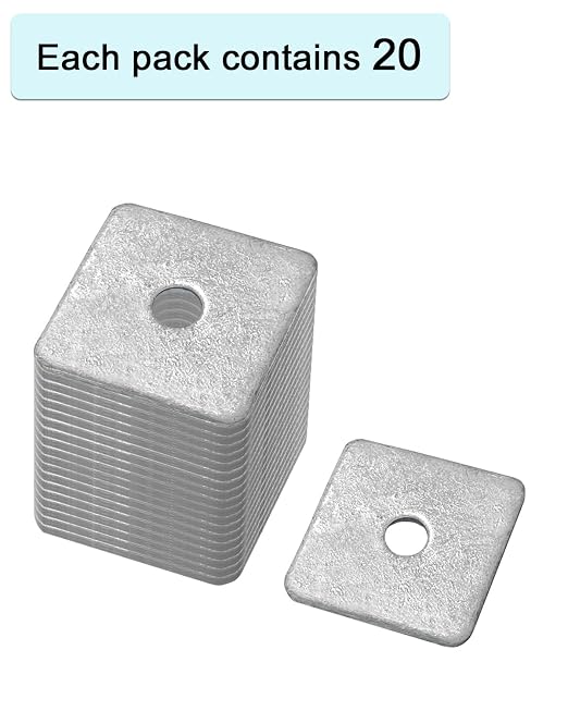 20-Pack 3/8” Hot-Dipped Galvanized Steel Square Washers, Flat Pad Spacer for Square Nut Fasteners, 3/8” ID x 2” Square x 0.18” Thick