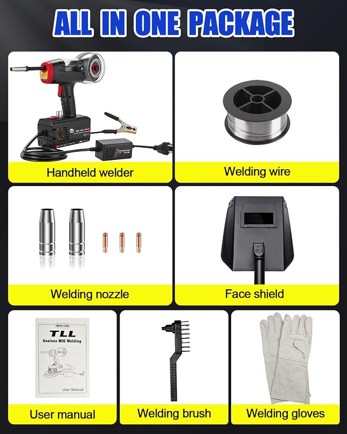 TLL Portable MIG Welder Handheld 120A 110V, Hand Held Welder Gun, Gasless Flux Core Welding Machine, Handheld IGBT Inverter for DIY, Professional Repair Use (TLL-MIG120)