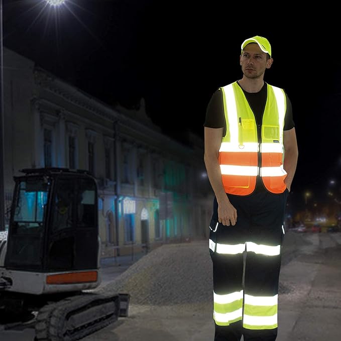 A-SAFETY ANSI/ISEA Standard Class 2 Reflective Vest, Zip, Orange, 6XL-8XL | Orange 6XL-8XL Class 2 Polyester work vest with 7 pockets, transparent ID pocket and radio mic loop for railway operations.