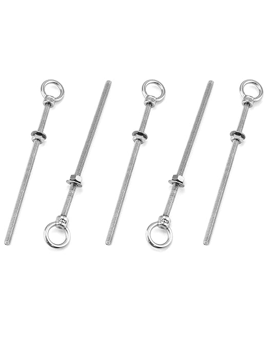 QWORK Threaded Eyebolts, 5 Pack 1/4" x 6" Long Stainless Steel Marine Grade Shoulder Eye Bolt