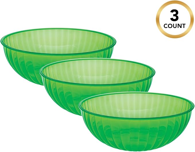 Party Essentials Hard Plastic 192 OZ./6 QT/1.5 Gallon Large Serving Bowls For Punch/Salad/Snack/Treat/Fruit, 3-Count, Neon Green