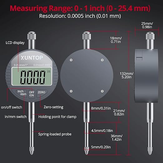 XUNTOP 0-1inch/0.0005inch Dial Digital Indicator and 90lbs (40kg) Magnetic Base Magnetic Electronic Indicator with 3 Adjustable Joints 5/16 inch (8mm) Clamping Diameter for Lathe CNC 3D Printer