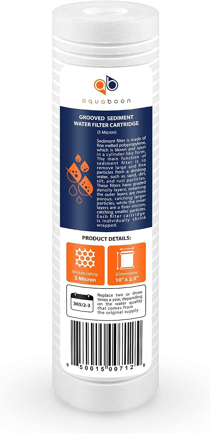 Aquaboon 5 Micron 10 x 2.5 Grooved Sediment Water Filter Replacement for Whole House Filter Cartridge Compatible with AP110, WHKF-GD05, CFS110, 25-Pack