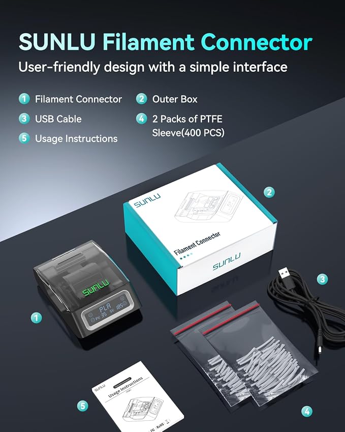 SUNLU Official Filament Connector, 400Pcs PTFE Sleeve Filament Splicer for 3D Printer Filament 1.75mm, Fast Heating Filament Welder Compatible with PLA PETG TPU ABS PA Nylon, Easy to Use