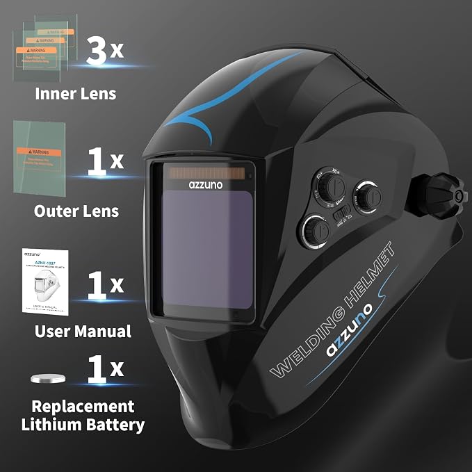 AZZUNO MIG Welder 135A & Welding Helmet Auto Darkening with True Color Large Viewing 3.94"×3.82", 3 in 1 MIG Welder Machine Flux Core Welder/Lift TIG/Stick Welding Machine