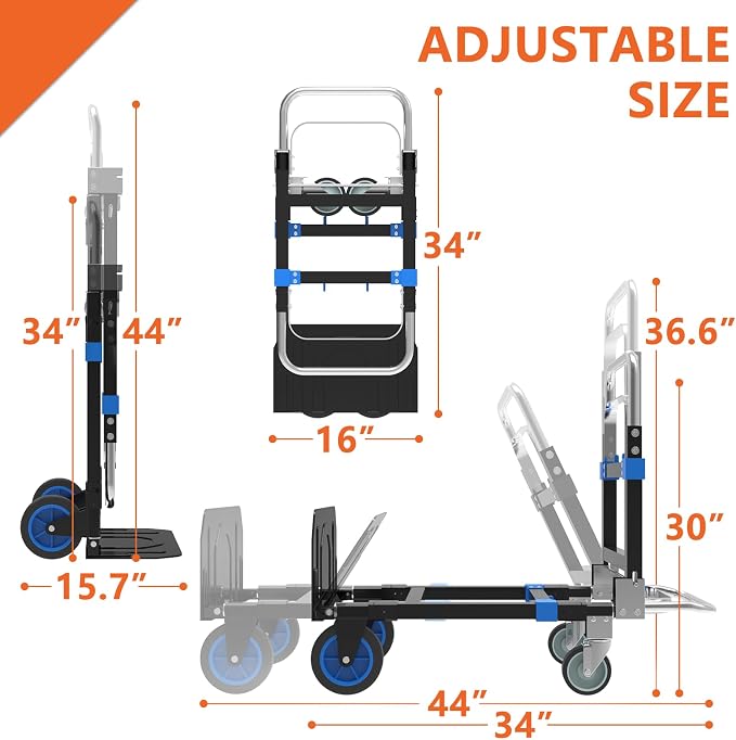 3 in 1 Heavy Duty Folding Hand Truck, Convertible Portable Steel Dolly with Telescopic Handle, Foldable Utility Cart with Rubber Wheels, 500 LBS