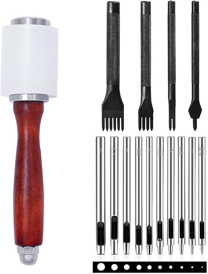 Leather Stitching Hole Punch Tool Set, Carving Hammer 3mm 1/2/4/6 Prong Punch Chisel Round Hole Punch for Belt Watch Band Rubber Leather DIY Crafts