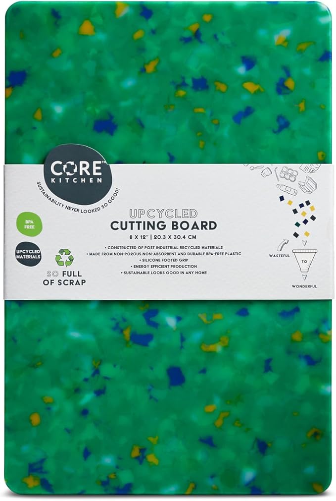 Core Home Upcycled BPA Free 8 x 12 Inch Made of Post Industrial Recycled Plastic Materials Charcuterie Platter Non-Slip Chopping Cutting Board, Green Confetti