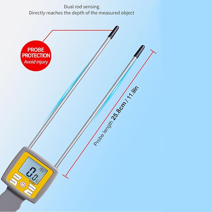 Hay Bale Moisture Tester, Hay Moisture Meter with Long Probe, Portable Bale Moisture Meter for Hay Bales, Forage Grass, Alfalfa, Orchard Grass and Other Hays | Portable Digital Probe with Backlit LCD, 0-84% Moisture Range for Hay Bales