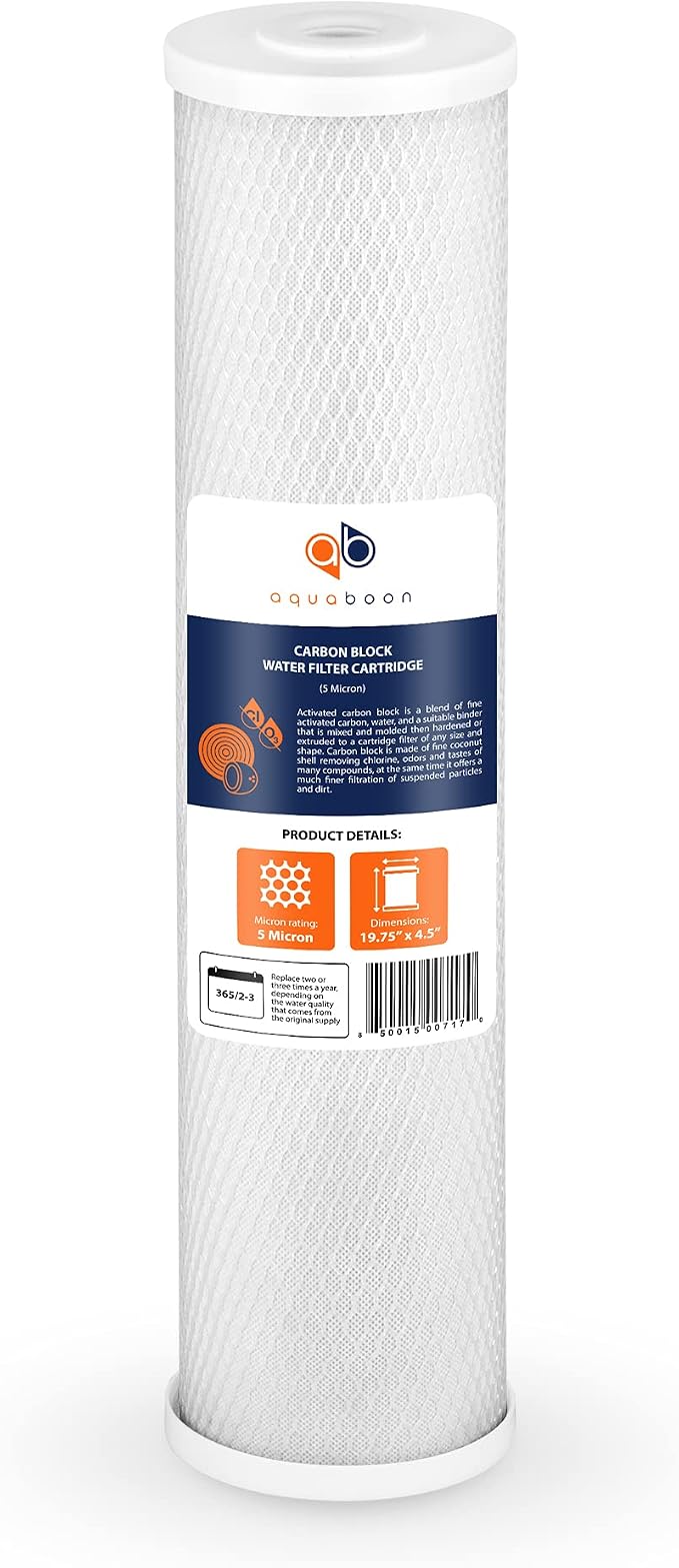 Aquaboon 4,5 x 20 inch Carbon Filter Cartridge - 5 Micron Coconut Shell CTO Big Blue Filter - Whole House Well Water Filtration - Matches DB20P, CTO20BB, Pentek FLOPLUS-20BB, 155312-43 (2 Pack)