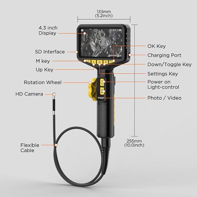 SVB305 Two-Way 210° Articulating Borescope, 4.3" IPS HD Endoscope with Light, IP67 Waterproof 3FT Flexible Cable, 32GB SD Card & 2000mAh Battery, for Automotive/Mechanical/Pipeline Inspections