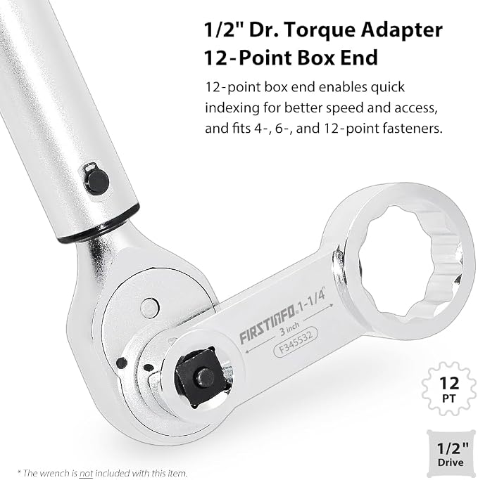FIRSTINFO 1/2-inch Drive 1-1/4" 12-Point Box End Torque Adapter | 3 in center-to-center length • Fits 4, 6 & 12-point fasteners • CR-V steel • Thin-wall access • Made in Taiwan