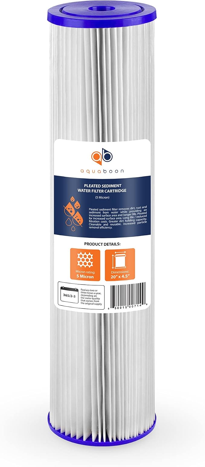 Aquaboon 5 Micron 20 x 4.5 Whole House Pleated Water Sediment Filter Replacement Water Filter Cartridge Compatible with ECP5-20BB, SPC-45-2005, 2-Pack