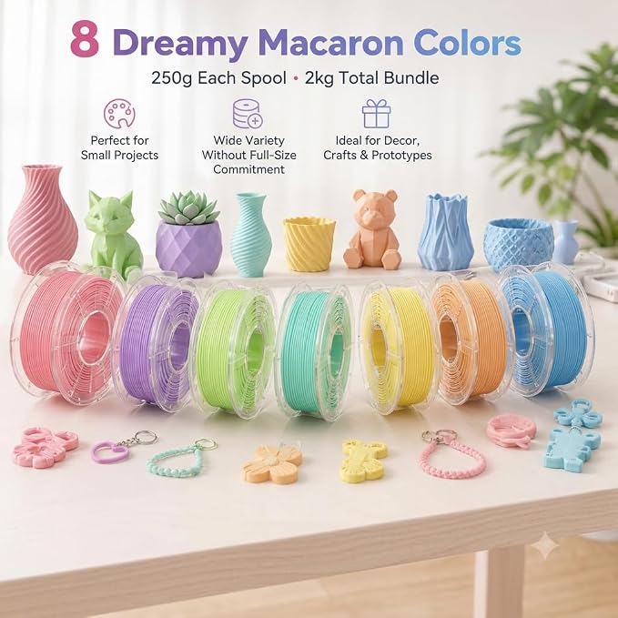 Matte Pastel PLA Filament Bundle 1.75mm, Macaron 8 Colors 250g/Spool (2KG Total), Neatly Wound Transparent Acrylic Spools for 3D Printer Pen DIY Crafts, Individually Vacuum Packed