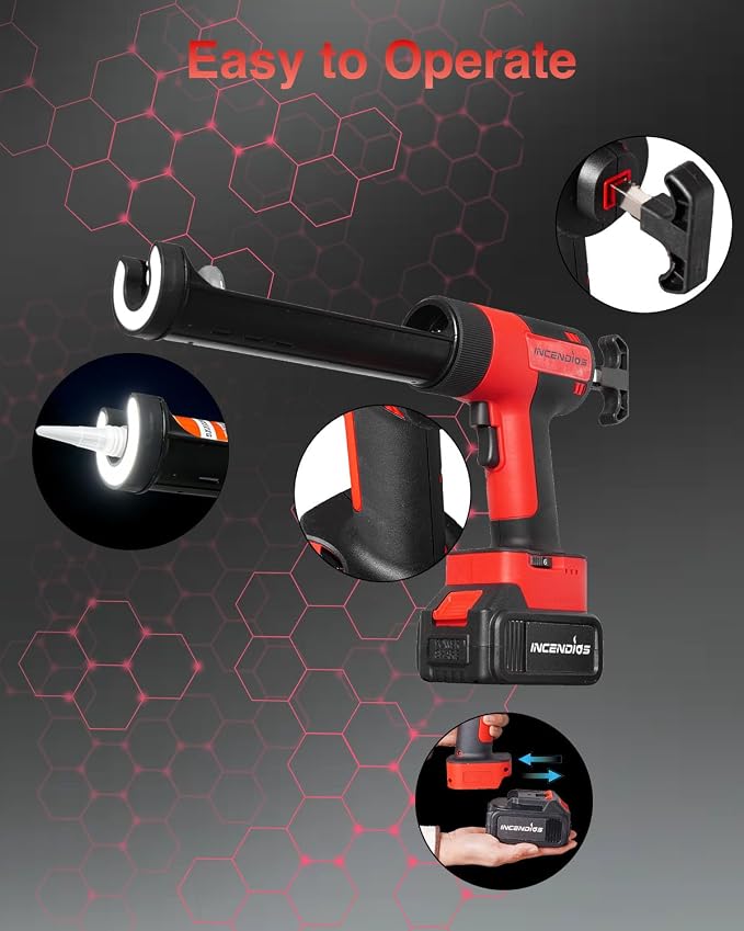 Cordless Caulking Gun w/2 x 3.0Ah Batteries, 800kg Thrust Max Electric Caulk Gun, 6-Speed, 10oz/300ml, 13Pcs Caulk Remover Tool, Led Light, Auto-Retract Anti-Drip for Sealing, Filling, Repairing