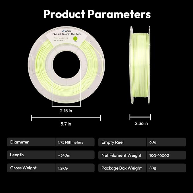 AMOLEN Silk Glow in the Dark Filament Multicolor, Glow Filament Silk Green, Blue, Purple, Orange Red 1.75mm PLA Filament, Dimensional Accuracy +/- 0.02 mm, 200g X 4 Pack