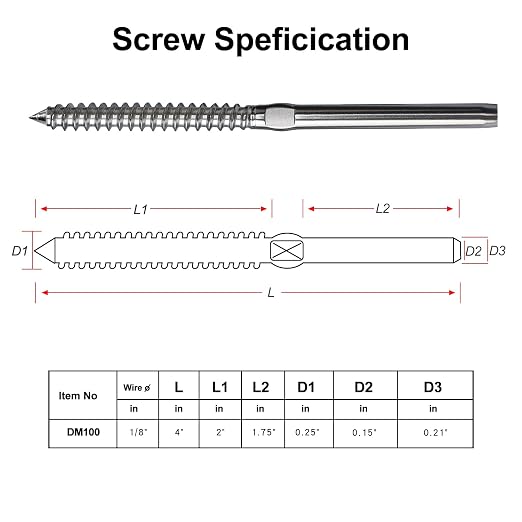 Steel DN Mate 120 Pack T316 Stainless Steel Left&Right Handed Thread Swage Lag Screws for Wood Post of 1/8" Deck Railing Kit, Cable Railing Hardware, DIY Baluster Hardware, Wrench Included DM60