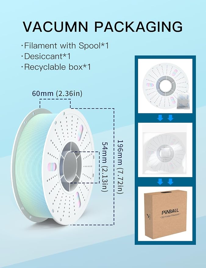 PINBALL Matte Rainbow PLA 3D Printer Filament 1.75mm, Multicolor Changing 3D Printing Filament, PLA Filament Dimensional Accuracy +/- 0.02mm, 1 KG Matte Rainbow