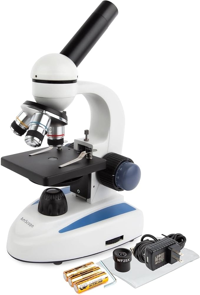 AmScope M158C-E1 Digital Cordless Compound Monocular Microscope, WF10x and WF25x Eyepieces, 40x-1000x Magnification, LED Illumination with Rheostat, Brightfield, Single-Lens Condenser, Coaxial Coarse and Fine Focus, Plain Stage, 110V or Battery-Powered...
