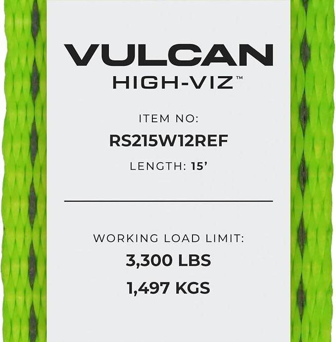 VULCAN Ratchet Strap with Wire Hooks - 2 Inch x 15 Foot - 4 Pack - High-Viz - 3,300 Pound Safe Working Load