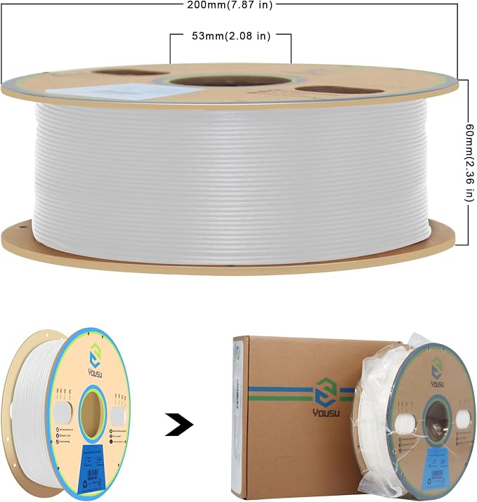 YOUSU Polypropylene PP Filament, 1.75mm 3D Printer Filament for FDM 3D Printers, 1kg (2.2lbs) 5 Pcs Build Sheet Included, Semi-Flexible Ultra Tough Filament, White