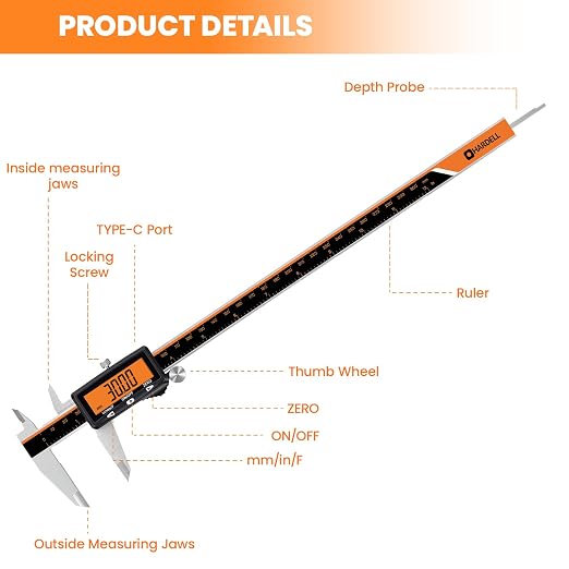 HARDELL Rechargeable Digital Caliper, 12 Inch Calipers with Large Orange Screen (No-Backlight), Auto-Off, Quick Change Button for Inch/MM/Fraction, Stainless Steel Vernier Caliper for Woodworking