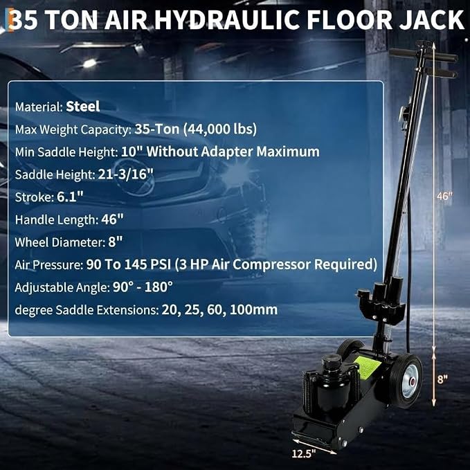 35 Ton Air Hydraulic Floor Jack, 77,000 LBS Capacity Heavy Duty Truck Jack for Trucks & Tractors, Low Profile 10 Inch, Dual Power Air/Manual Hydraulic, 4 Adapters & Adjustable Handle