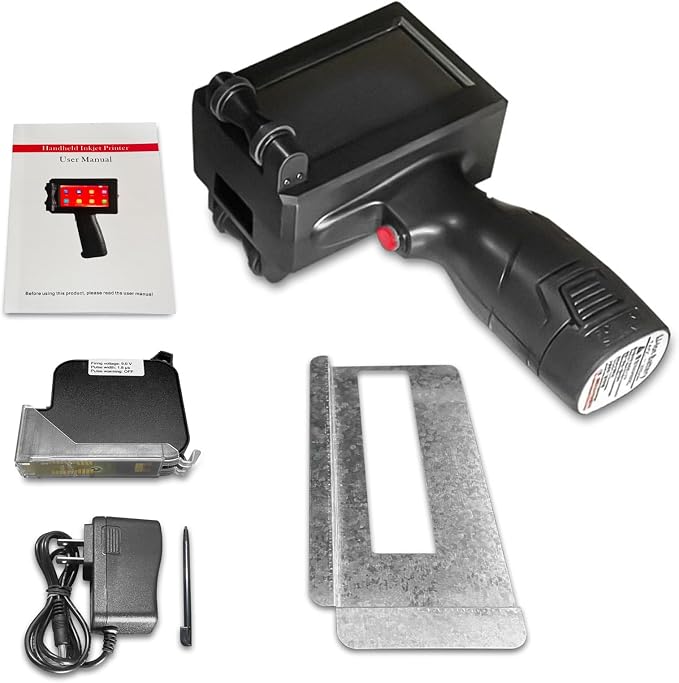 Handheld Inkjet Printer Printing Height 0.08-0.5Inch Handheld Printer Gun for Batch Code Date Time Lot Number Print on Many Materials, Inkjet Coder with 42ml Black Fast Dry Ink Cartridge