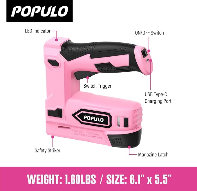 POPULO Pink Cordless Staple Gun, 2-in-1 Nail Gun Battery Powered with 2600Pcs Staples and Nails, 4V Brad Nailer Tacker Electric Stapler for Upholstery, Material Repair, Carpentry, Wood, DIY