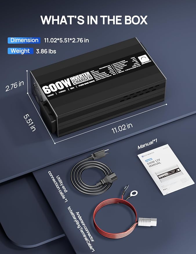 ECO-WORTHY 600W Inverter Charger, 600W Pure Sine Wave Inverter & 30A LiFePO4 Battery Charger with 20ms UPS, DC 12V to AC 110V, Output Surge 1200W, for RV Lithium Batteries Roadtrip Essentials