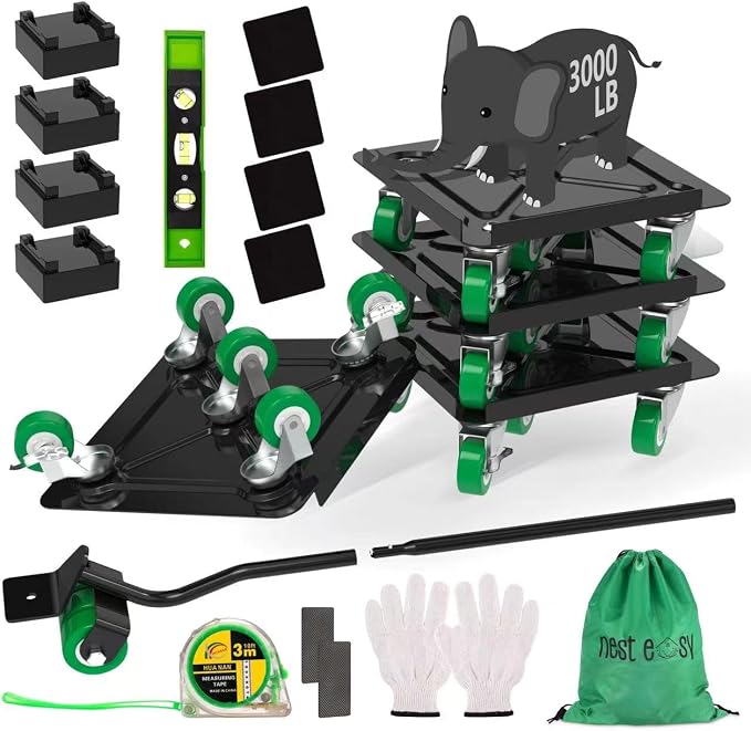 NEST EASY Heavy Duty Furniture Dolly 360° Rotating 5 Wheels, Alloy Steel Furniture Movers Up to 3000 lbs/1360 Kg Load Capacity with Measure Tape and Leveler (5.3x5.3 in)