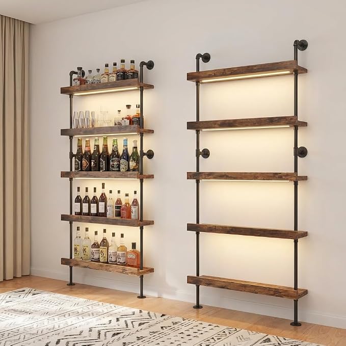 5-Tier Wall Mounted Wine Rack with LED, Industrial Pipe Bar Shelf for Wine Bottle Storage, Industrial Pipe Shelves Shelf Shelving for Home Bar Dining Room Kitchen (40INCH-LED)
