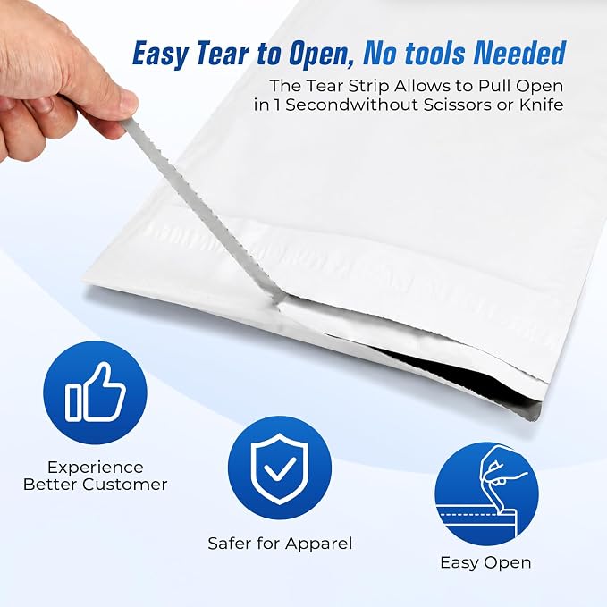 Fuxury Poly Mailers 12x15.5 100PC (Upgraded Version) Shipping Bags for Clothing with Easy-Open Tear Strip & Hangable for Easy Use, Self-Seal Shipping Envelopes Mailing Bags for Small Business in White