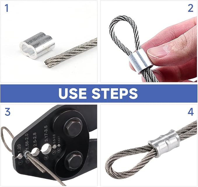 Wire Rope Crimping Tool with Ratchet, Ferrule Swaging Tool for Aluminum Sleeves, Loop Sleeves, Wire Rope Crimper for 1/64''-1/8''(0.3mm-3.5mm) Cables, Heavy-Duty Swaging Tool for Railing, Fishing