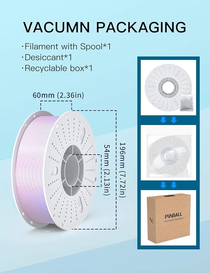 PINBALL Silk Rainbow PLA 3D Printer Filament 1.75mm Shiny Multi-Color Changing Filament 3D Printing PLA Filament Dimensional Accuracy +/- 0.02mm 1 KG Silk Rainbow Afterglow