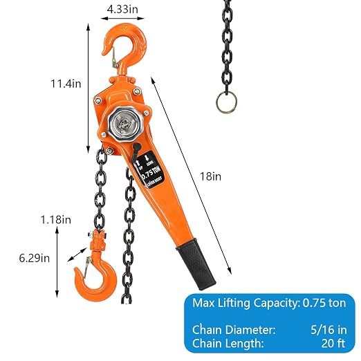 Manual Lever Chain Hoist, 0.75Ton 10Ft Lift Lever Hoist Ratchet Chain Puller Hoist w/2 Portable Hooks for Building Garages, Heavy Duty Chain Lifting & 360° Rotation Hook, Automotive Machinery