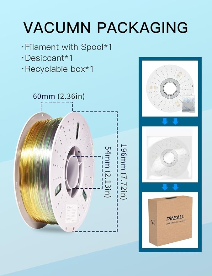 PINBALL Translucent PETG 3D Printer Filament 1.75mm ±0.02mm, Multicolor Transparent Rainbow Filament, Clear PETG Filament, 1KG/2.2lbs
