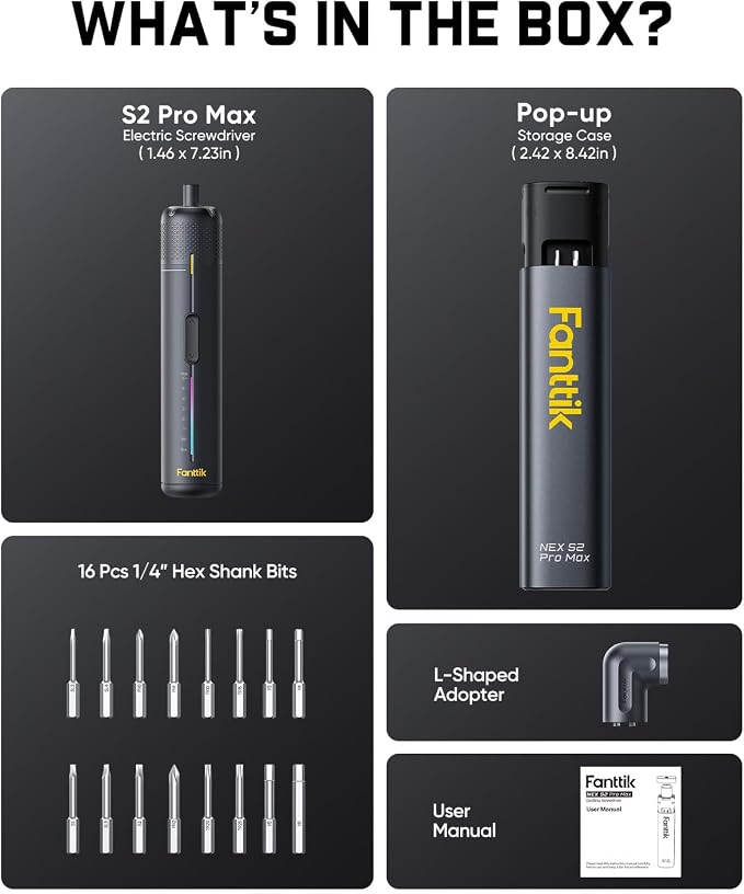 Fanttik S2 Pro Max Electric Screwdriver, Cordless Screwdriver Set, 7 Torque Settings, 0.5 to 6N.m, 16 Magnetic Bits, 1/4''Hex Shank, with Separate 90° Angle Adapter for Tight Space and Household DIY