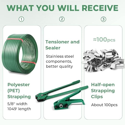 5/8" x 1049' Polyester (PET) Banding Strapping Kit, Heavy Huty | Pallet Packaging Kit, 1100lbs Strapping Tool, Tensioner Crimper Sealer Tool with 100 Metal Seals, 100 Protector Corners
