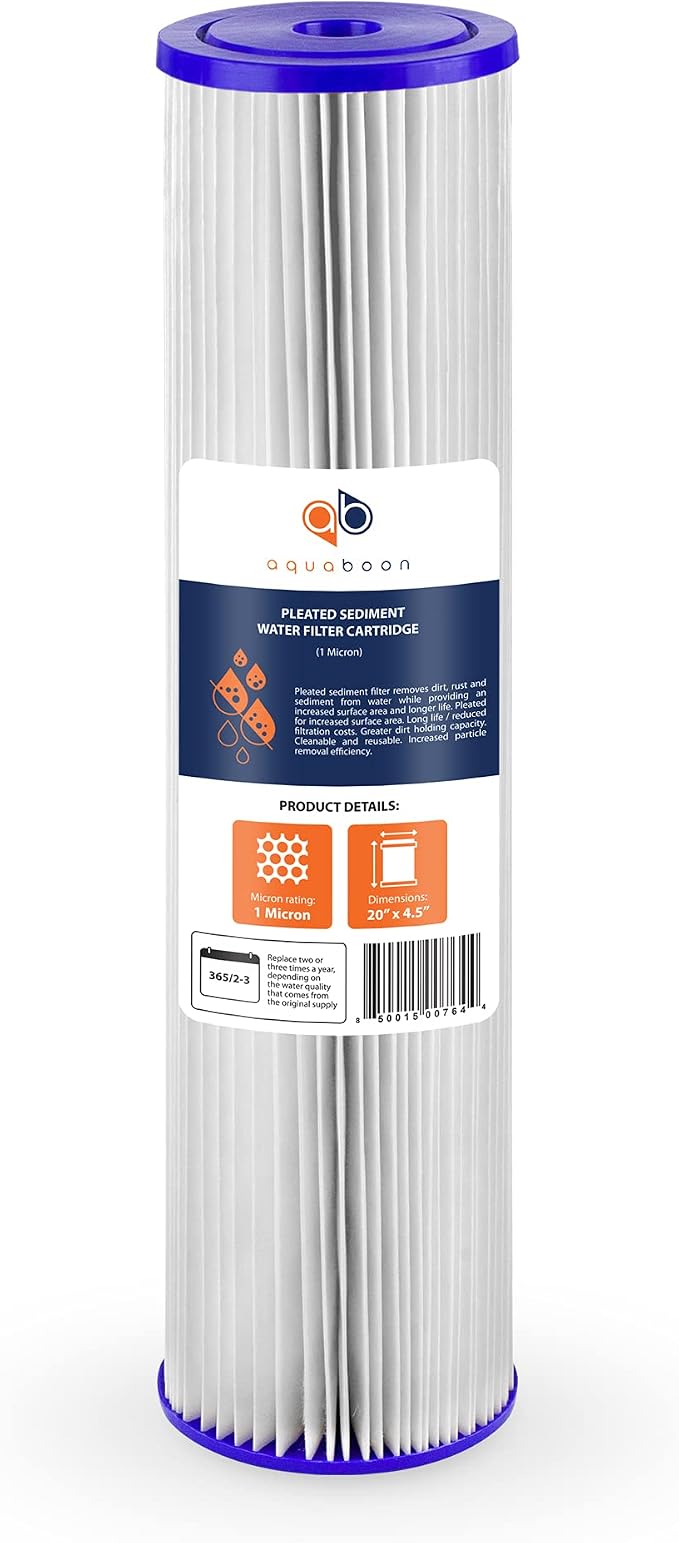 Aquaboon 1 Micron Whole House Pleated Sediment Water Filter Cartridge 20x4.5 Well Filter Replacement Compatible with ECP5-20BB, SPC-45-1005, 6 Pack