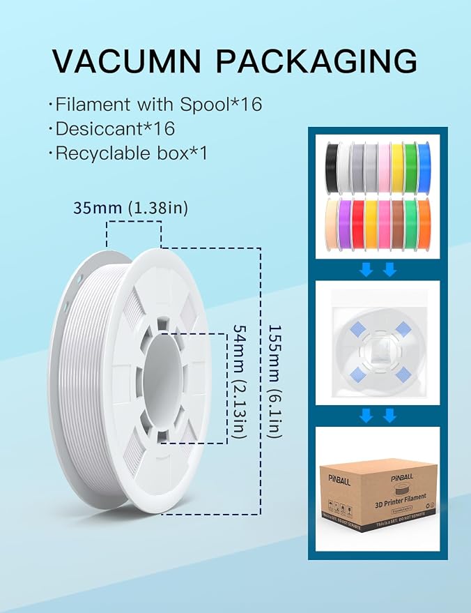 PINBALL PETG 3D Printer Filament 1.75mm High Precision Durable Strong Filament Mith Better Flow Dimensional Accuracy +/- 0.02mm Suitable for Most FDM 3D Printers 4 Kilograms Sixteen Colors