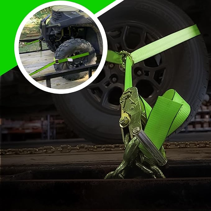 (4 Pack) Heavy Duty Tire Straps for Car Trailer - 2" x 96" - 3,300 lbs Safe Working Load - Wheel Straps for Hauling Cars-Ideal for Securely Transporting Vehicles