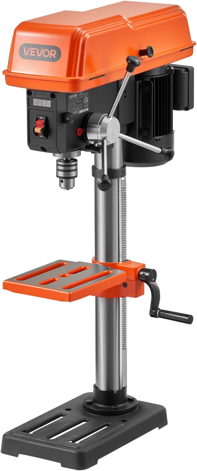 VEVOR 10-Inch Benchtop Drill Press, 5 Amp, 0.8 HP 600W Bench Drill Press, 530-3140 RPM Variable Speed, 0-45° Tilting Worktable, with Laser and LED Work Light, Tabletop Drilling Machine, for Wood Metal