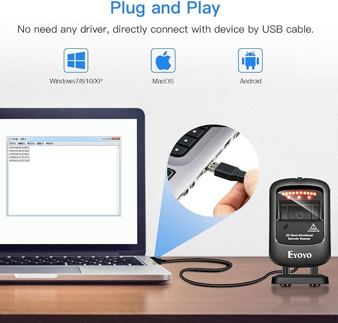 Eyoyo 1D 2D Desktop Barcode Scanner, Omnidirectional Hands-Free USB Wired Barcode Reader, Capture Barcodes from Mobile Phone Screen, Automatic Image Sensing for Supermarket Library Retail Store