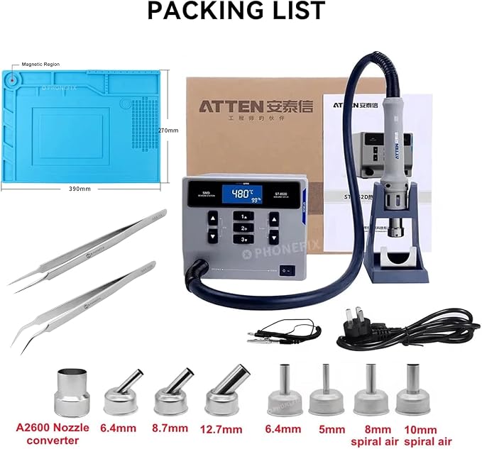 ATTEN ST-862D 1000W Hot Air Rework Station with 8 Nozzles,Heat Resistant Soldering Mat,2 Pcs Anti-Static ESD Tweezers,Intelligent Lead-free Hot Air Gun Soldering Station For Phone PCB Chip Repair