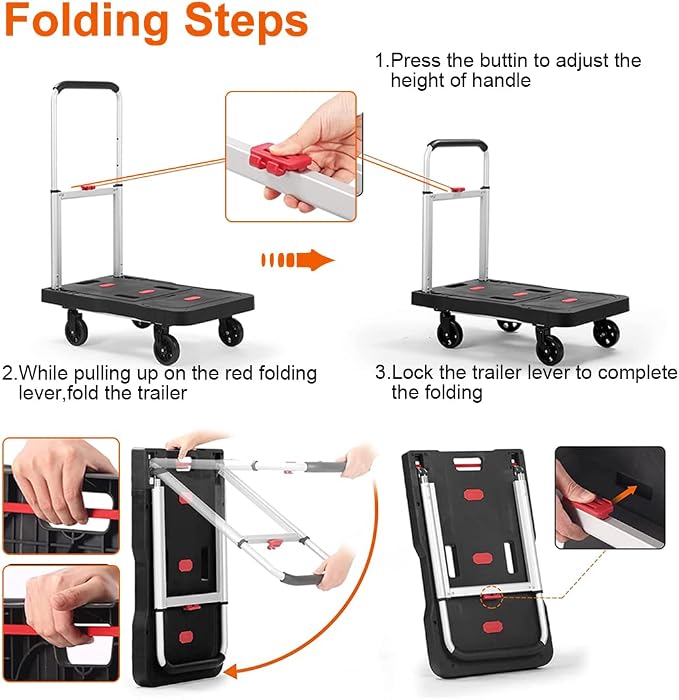 Folding Hand Truck Platform Truck 330 Lb Heavy Duty Dolly Cart | Fully Folded Push Cart, Portable Trolley Utility Cart for Easy Storage, Garage Moving Shopping Home Office