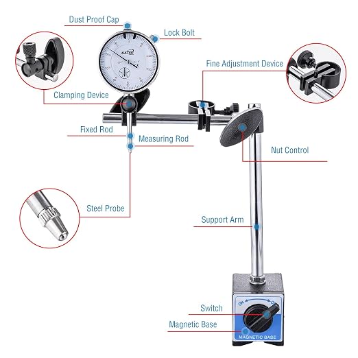 KATSU Tools Dial Indicator with Magnetic Base 0-1.0" Tester Gauge 0.001" Precision, Fine Adjustment, Professional Measuring Toolkit in Storage Case 401112